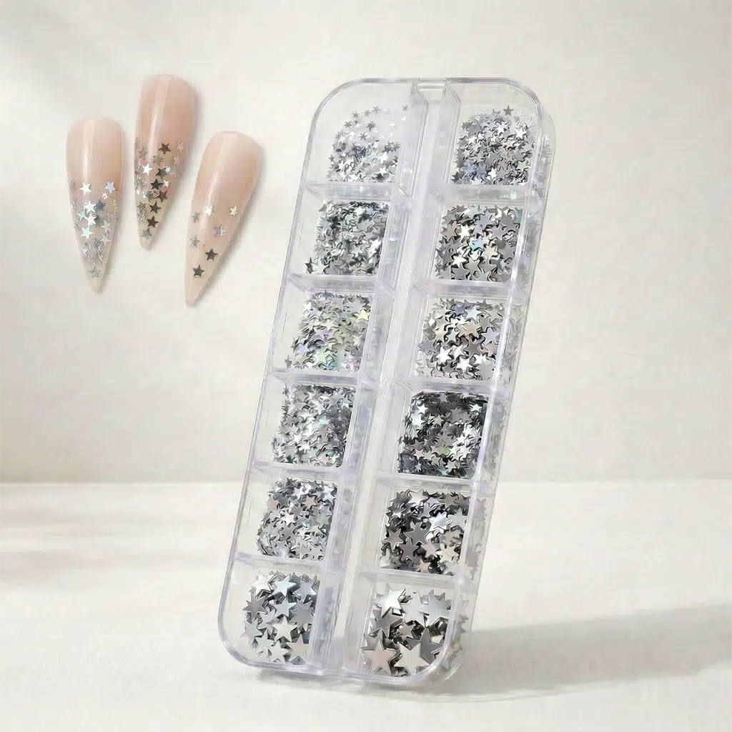 12li Gümüş Renk Tırnak Süsleme Yıldız Dizayn Folyo Pulları Nail Art WN-115