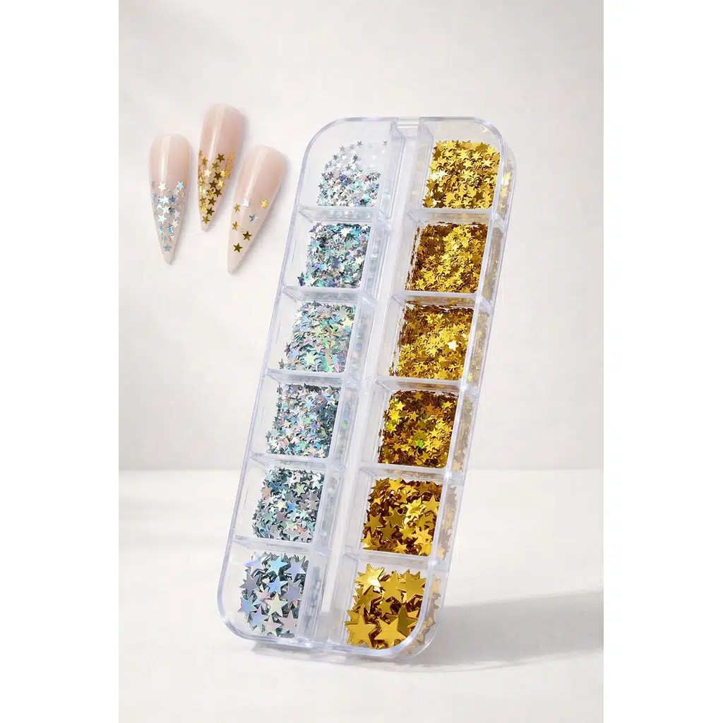 12li Gümüş ve Gold Renk Yıldız Tırnak Süsleme Yıldız Dizayn Folyo Pulları Nail Art WN-113