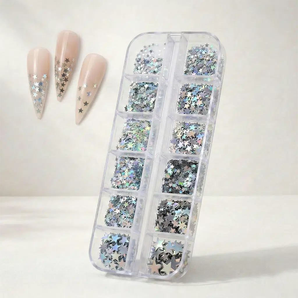 12li Holografik Gümüş Renk Yıldız Tırnak Süsleme Yıldız Dizayn Folyo Pulları Nail Art WN-114