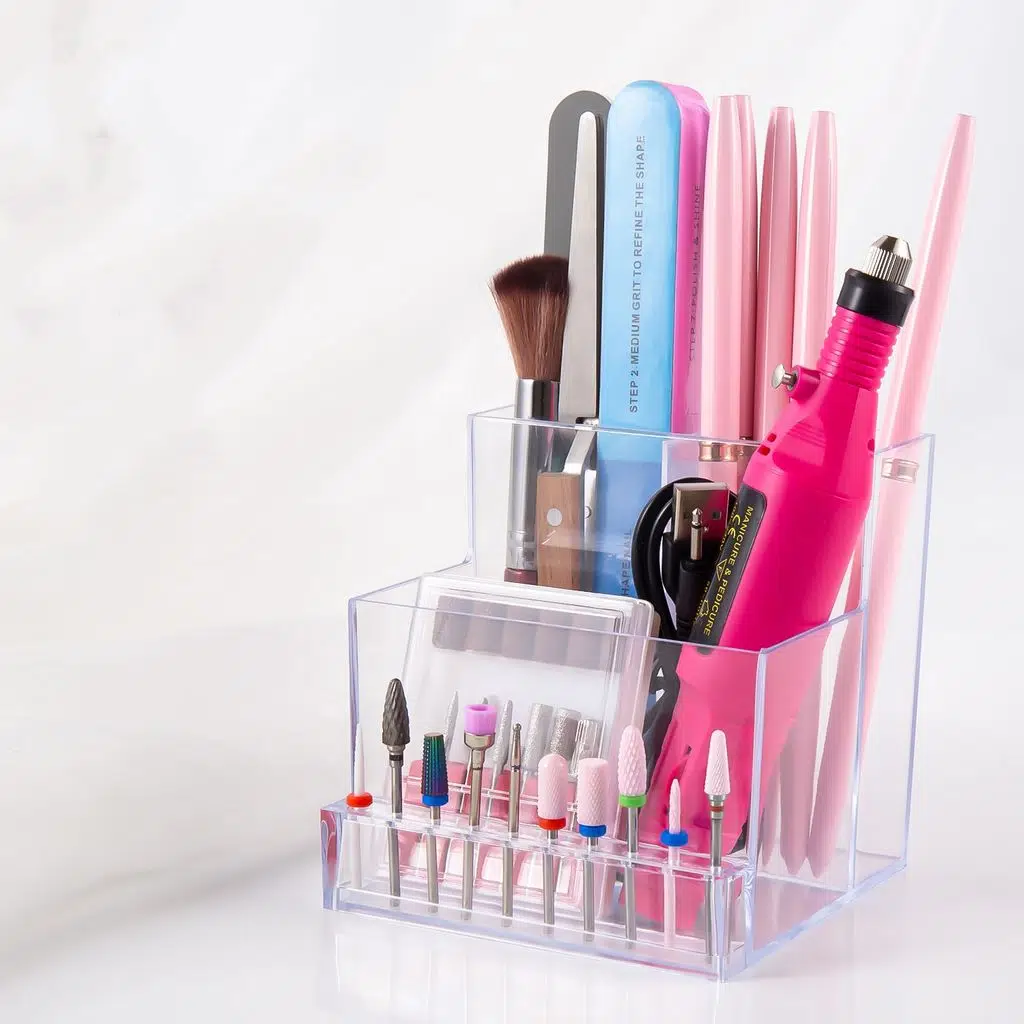 3 Gözlü Masa Üstü Organizer Manikür Aletleri Kalemlik Fırçalık ve Freze Uç Organizer Şeffaf