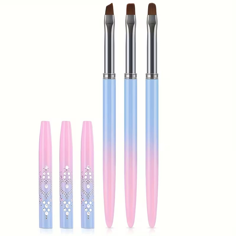 3lü Kapaklı Jel Fırça Seti Nail Art Fırça Seti Kapaklı Protez Tırnak Fırça Seti Lila