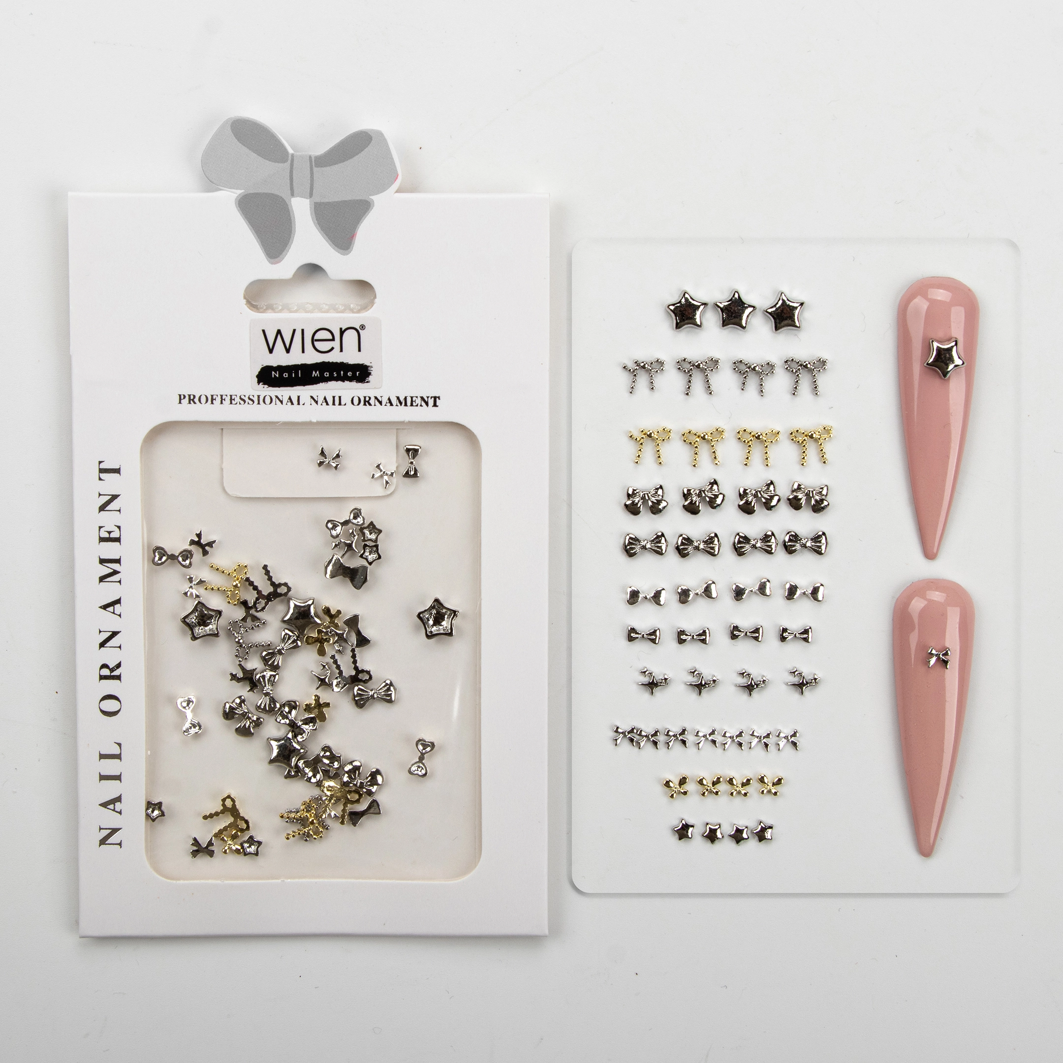 48li Yıldız ve Kurdele Metal Tırnak Süsleme Charm Nail Art Charm Taşları WN-520