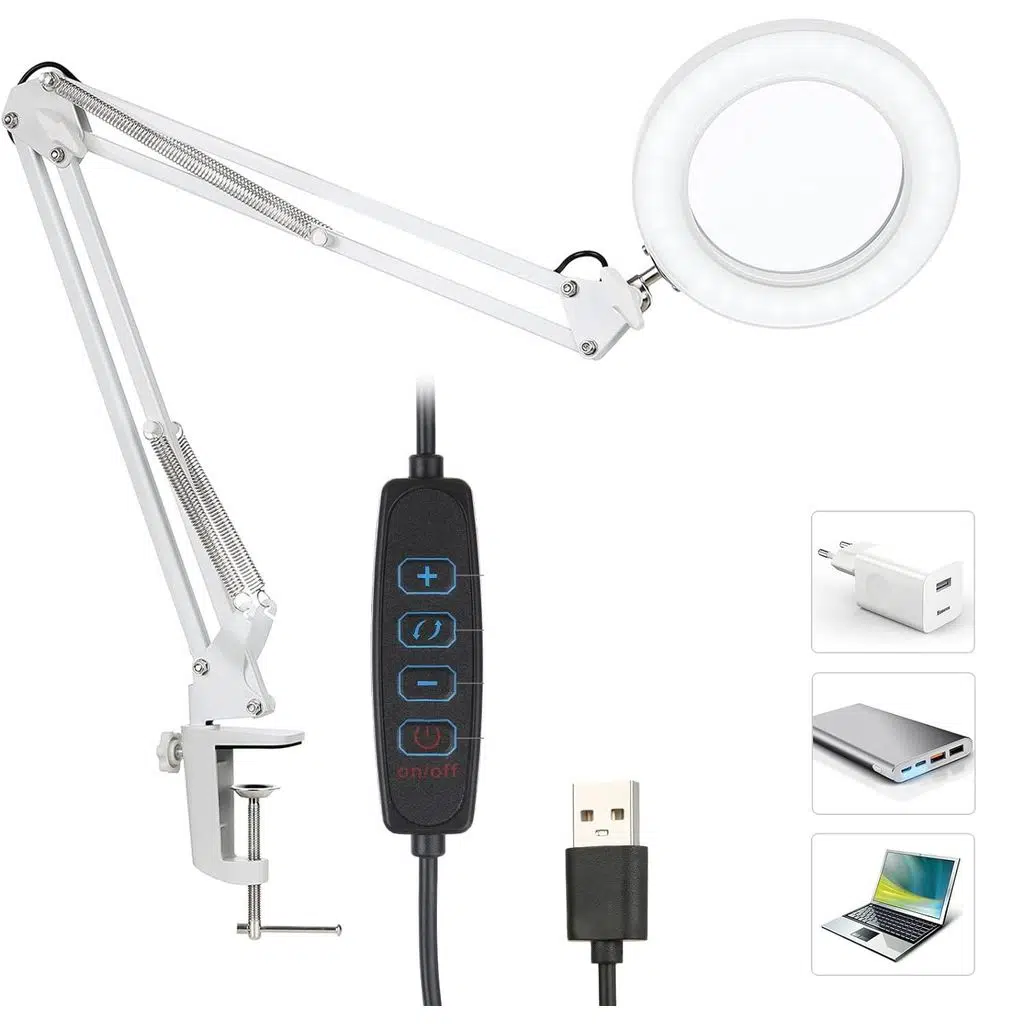 Akrobat Hareketli 8X Büyüteçli Led Işıklı Masa Çalışma Lambası - Mengeneli (Beyaz)