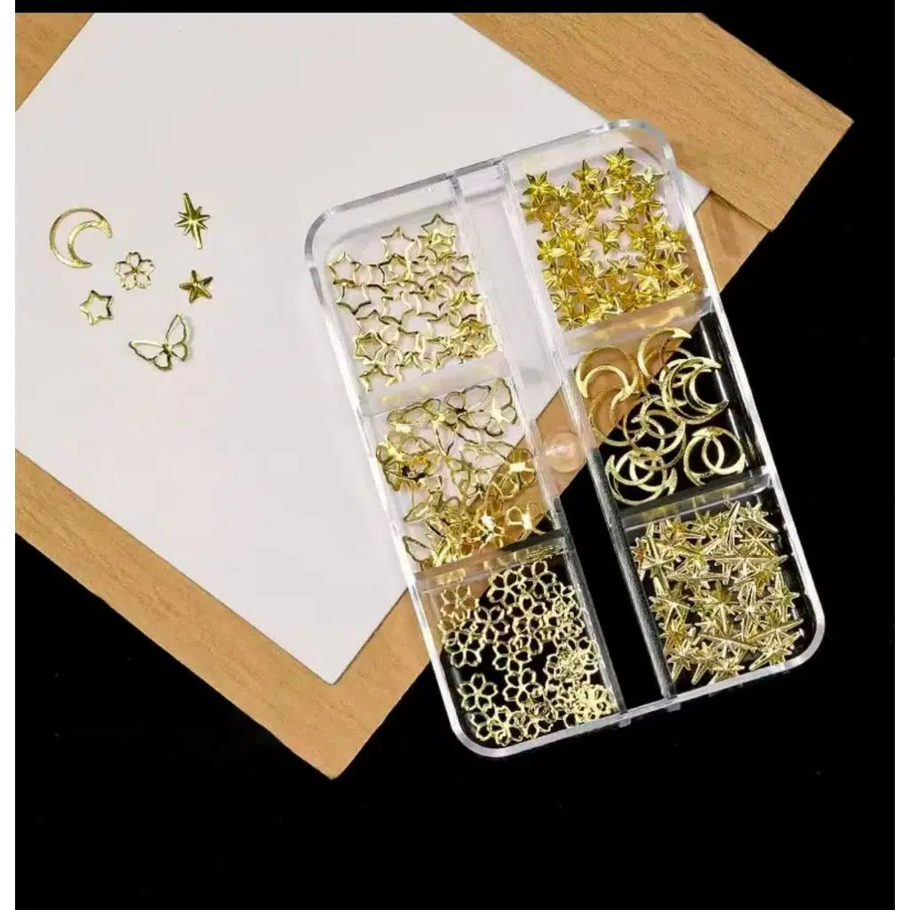 Ay Yıldız ve Kelebek Dizayn 6 Grit Metal Tırnak Süsleme Charm Gold Nail Art Charm Taşları WN-530