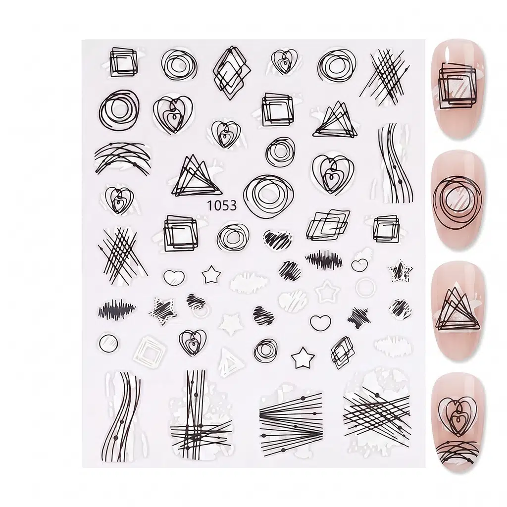 Beyaz Siyah Geometrik Çizim Tırnak Sticker Tırnak Etiketi Nail Art JO-1053w