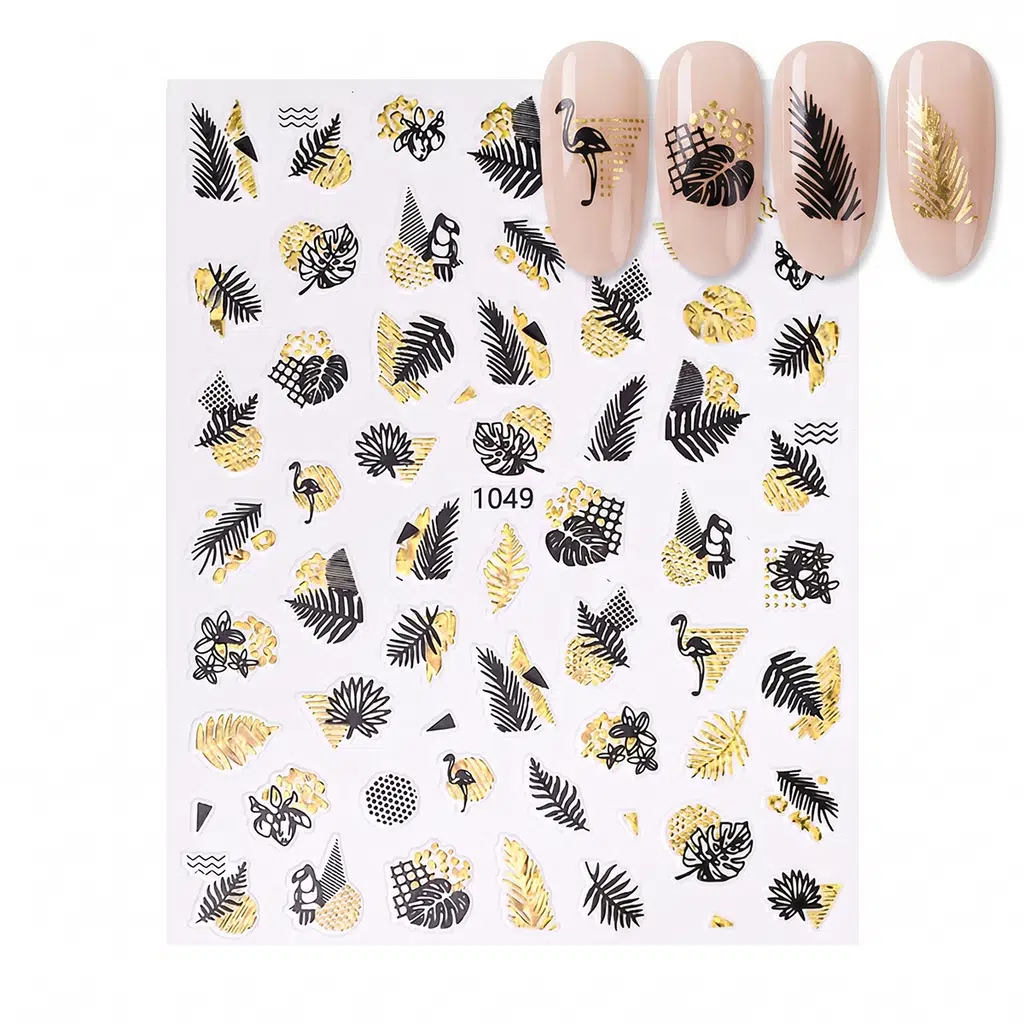Gold Yaprak ve Kuş Çizim Tırnak Sticker Tırnak Etiketi Nail Art JO-1049G