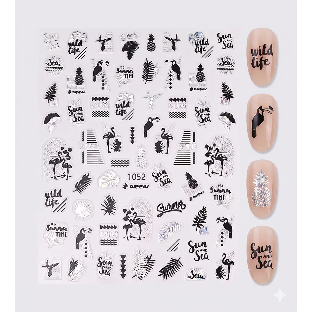 Gümüş Holografik Flamingo ve Yaprak Dizayn Tırnak Sticker Tırnak Etiketi Nail Art JO-1052S