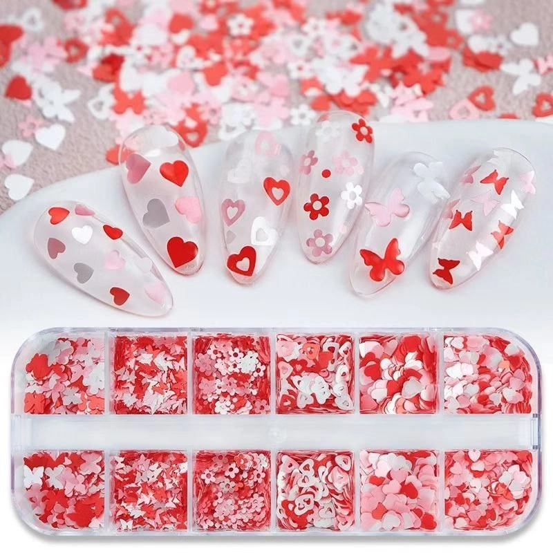 Kırmızı Tırnak Süsleme Folyo Pulları Karışık Dizayn Kelebek Kalp Çiçek Nail Art