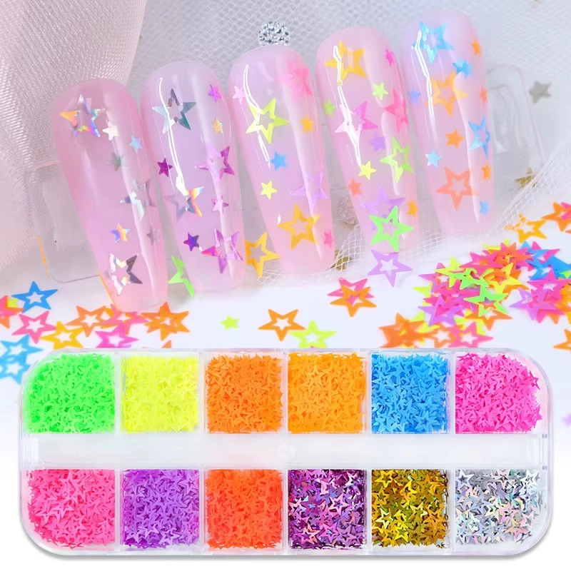 Neon Renkli Yıldızlar Tırnak Süsleme Folyo Pulları Mix Nail Art