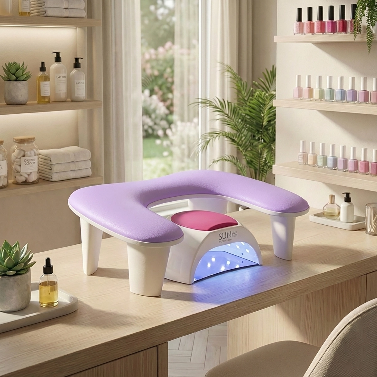 Oval U Tipi Ergonomik Manikür Sehpası Lila Manikür Kol Desteği U1L