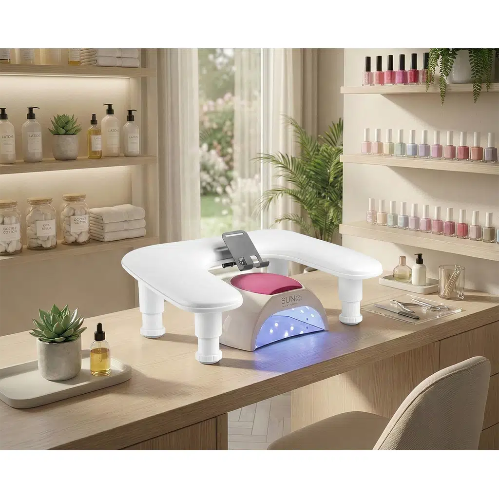 Oval U Tipi Telefon Standlı Ergonomik Manikür Sehpası Beyaz Manikür Kol Desteği U2W