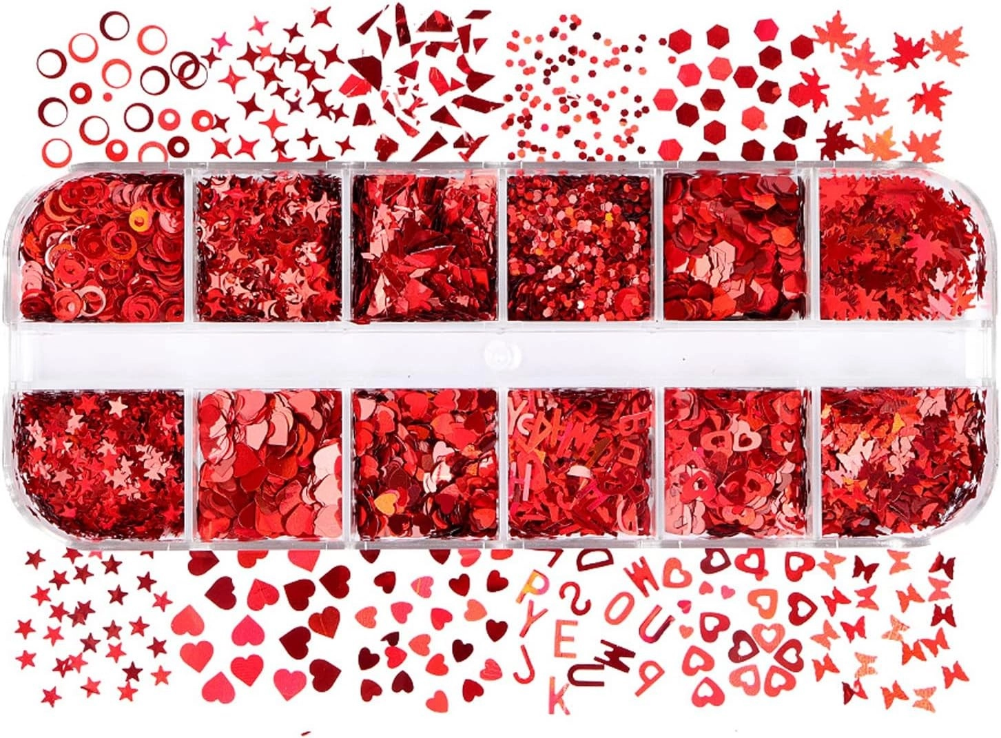 Parlak Kırmızı Tırnak Süsleme Folyo Pulları Karışık Dizayn Kelebek Kalp Harfler Yıldızlar Nail Art