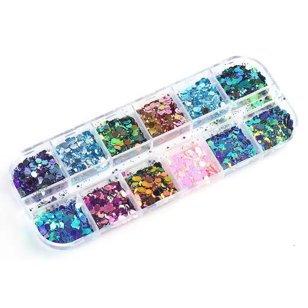 Parlak Tırnak Süsleme Pulları Renkli Altıgen 12'li set Nail Art 002