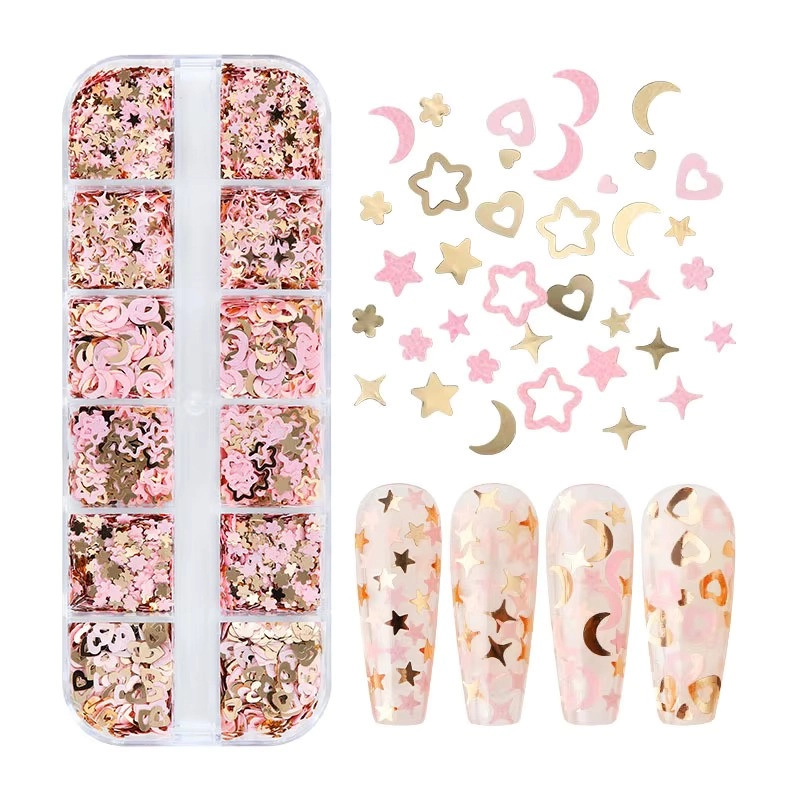 Pembe ve Gold Tırnak Süsleme Folyo Pulları Karışık Dizayn Ay Yıldız Kalp Nail Art