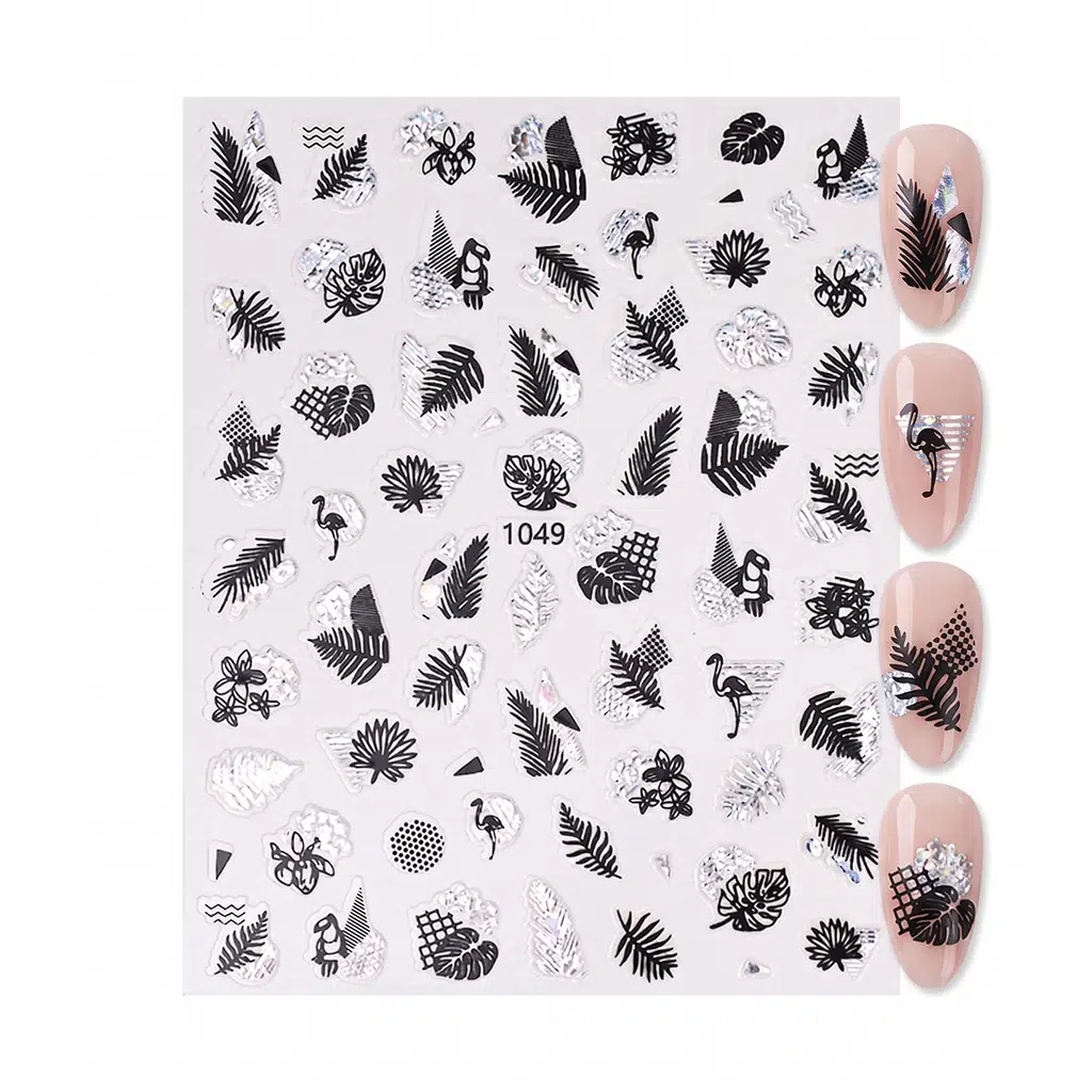 Silver Yaprak ve Kuş Çizim Tırnak Sticker Tırnak Etiketi Nail Art JO-1049S