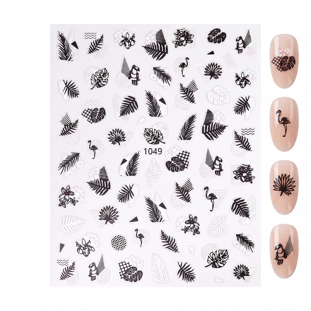 Siyah Beyaz Yaprak ve Kuş Çizim Tırnak Sticker Tırnak Etiketi Nail Art JO-1049W