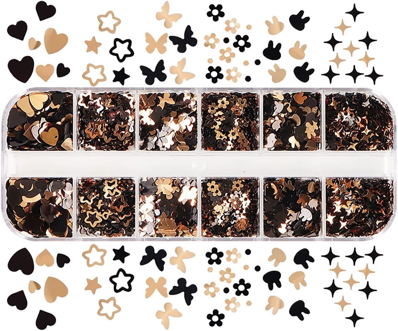 Siyah ve Gold Tırnak Süsleme Folyo Pulları Karışık Dizayn Kelebek Kalp Tavşan Yıldızlar Nail Art
