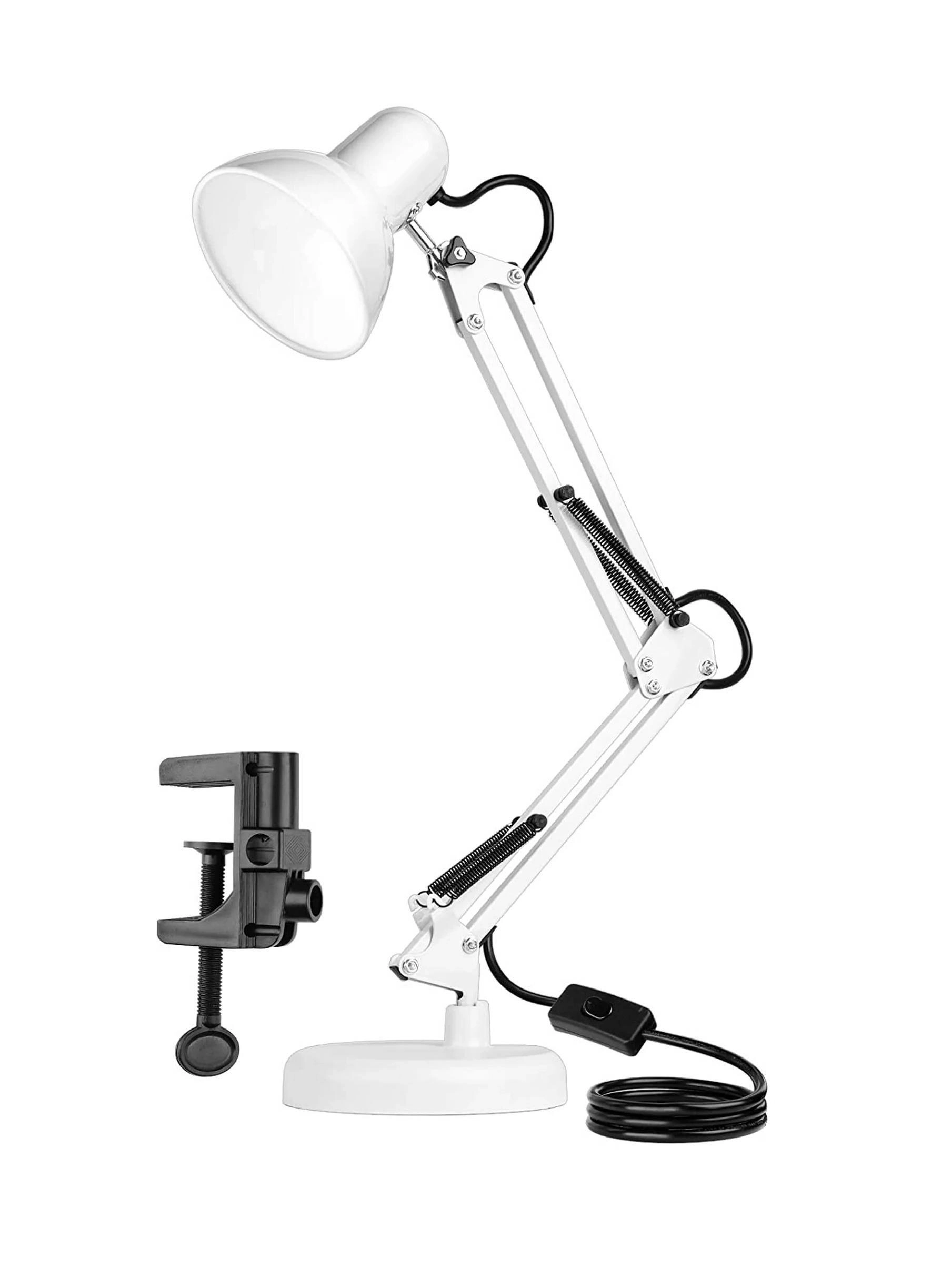 Uzun Akrobat Hareketli Masa Çalışma Lambası - Manikür Masa Lambası Mengeneli ve Alt Tabanlı Beyaz