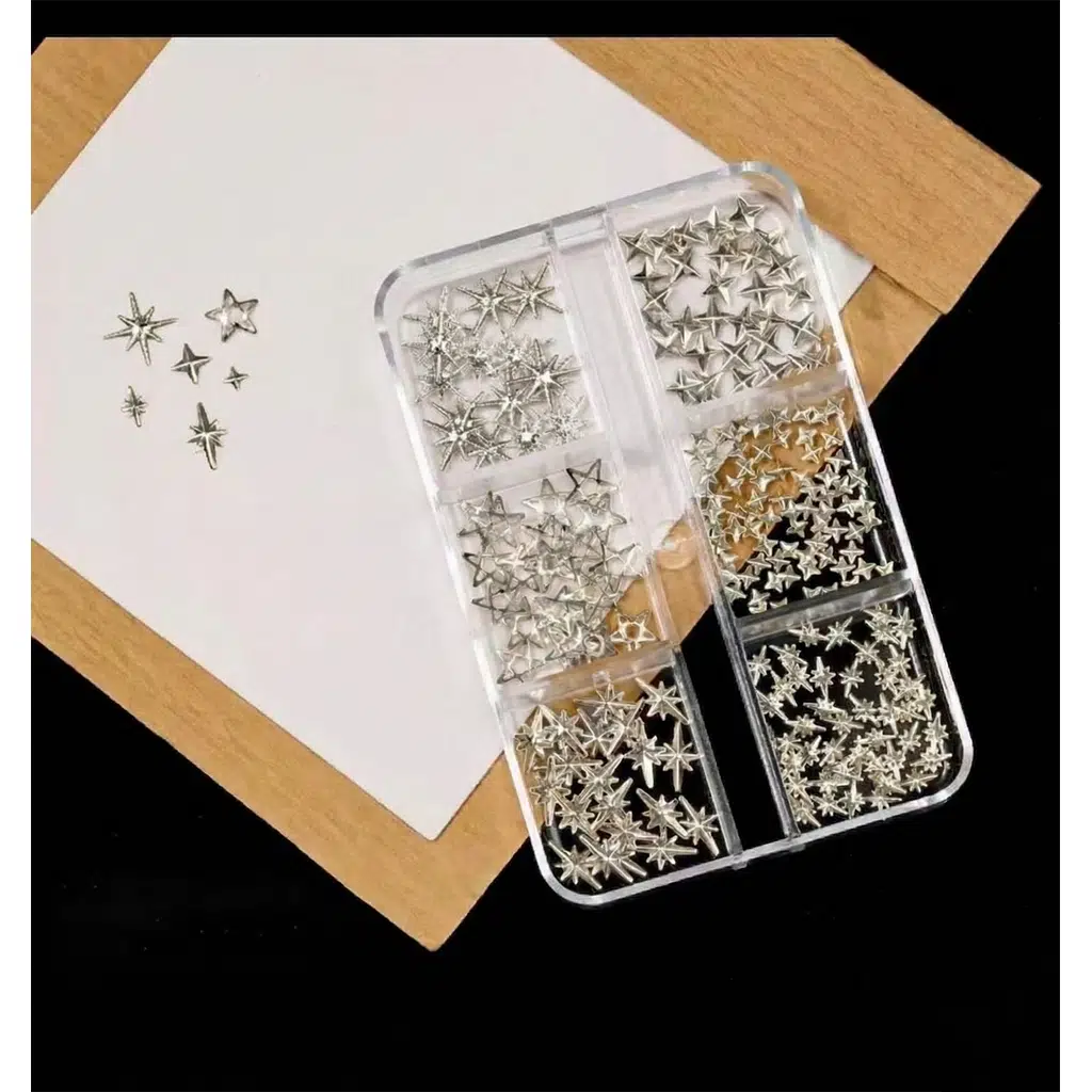Yıldız ve Kuzey Yıldızı Dizayn 6 Grit Metal Tırnak Süsleme Charm Silver Nail Art Charm Taşları WN-529